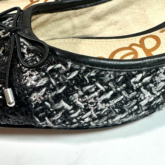 Sam Edelman Black Leather Tweed Glitter Pointed Toe Bow Flats Size 9 Preppy - Picture 6 of 7